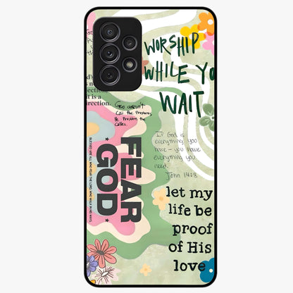 Faith Over Fear Glass Case showing flat back view with motivational typography artwork and glossy glass finish.