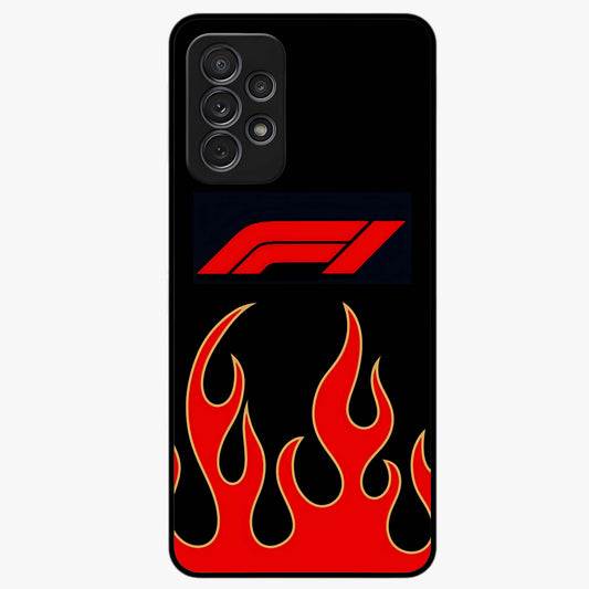 Fire F11 Glass Case showing flat back view with fiery themed artwork and glossy glass finish.