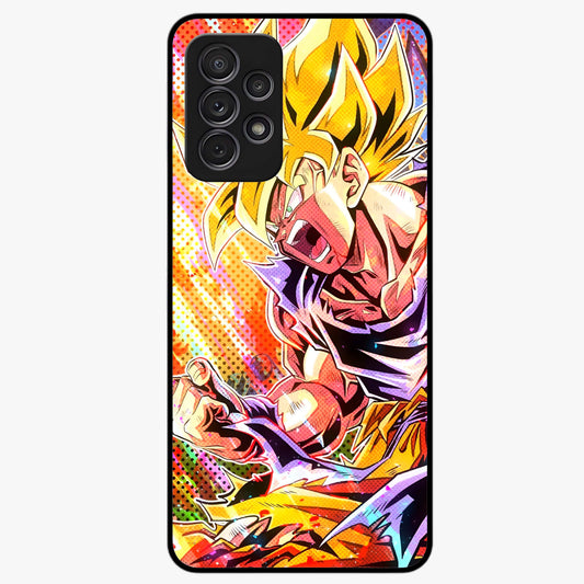 Firing Goku Glass Case showing flat back view with powerful anime inspired artwork and glossy glass finish.