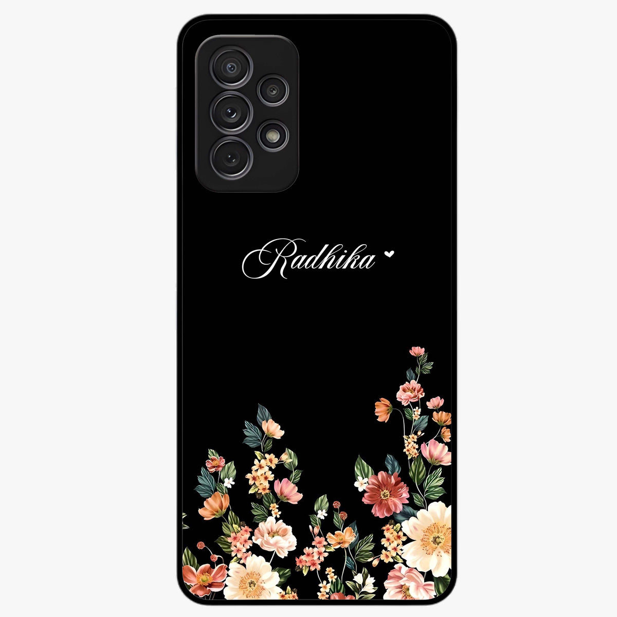 Floral Design With a Custom Personalized Name Glass Case showing flat back view with floral artwork and personalized name design.