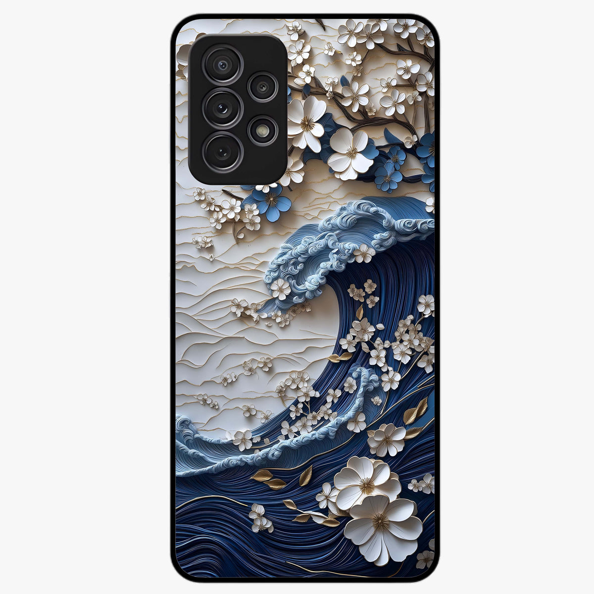 Floral Wave Origami Glass Case showing flat back view with origami inspired floral wave artwork and glossy glass finish.