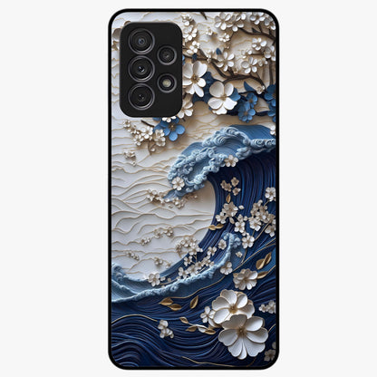 Floral Wave Origami Glass Case showing flat back view with origami inspired floral wave artwork and glossy glass finish.