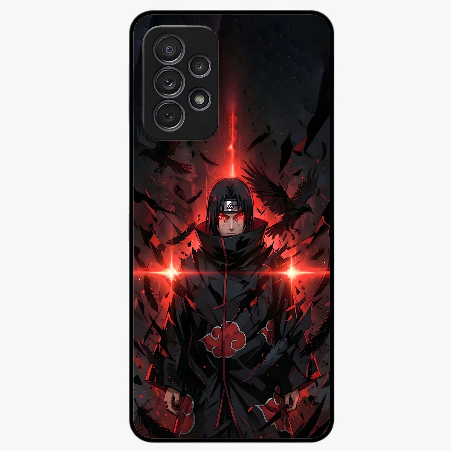Focused Blade Discipline Glass Case showing flat back view with warrior sword themed artwork and glossy glass finish.