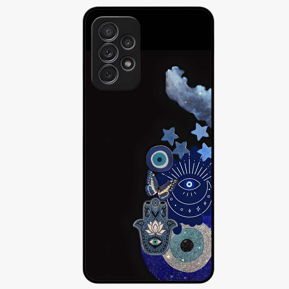 Galactic Charm Cluster Glass Case showing flat back view with glowing celestial charm artwork and glossy glass finish.