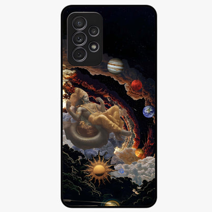 Galactic Divine God Glass Case showing flat back view with divine cosmic themed artwork and glossy glass finish.