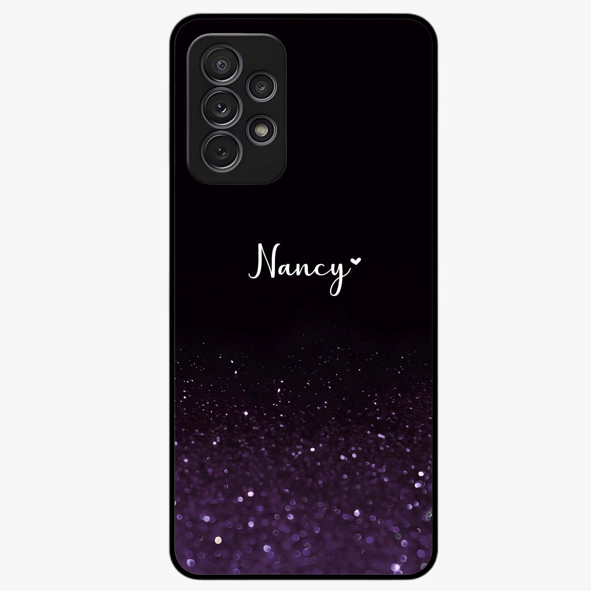 Glittery Purple Bokeh Custom Name Glass Case showing flat back view with purple bokeh sparkle artwork and personalized name design.