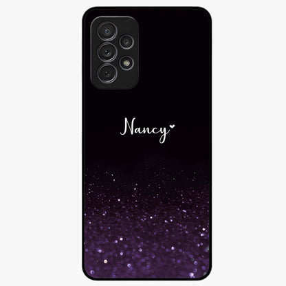 Glittery Purple Bokeh Custom Name Glass Case showing flat back view with purple bokeh sparkle artwork and personalized name design.