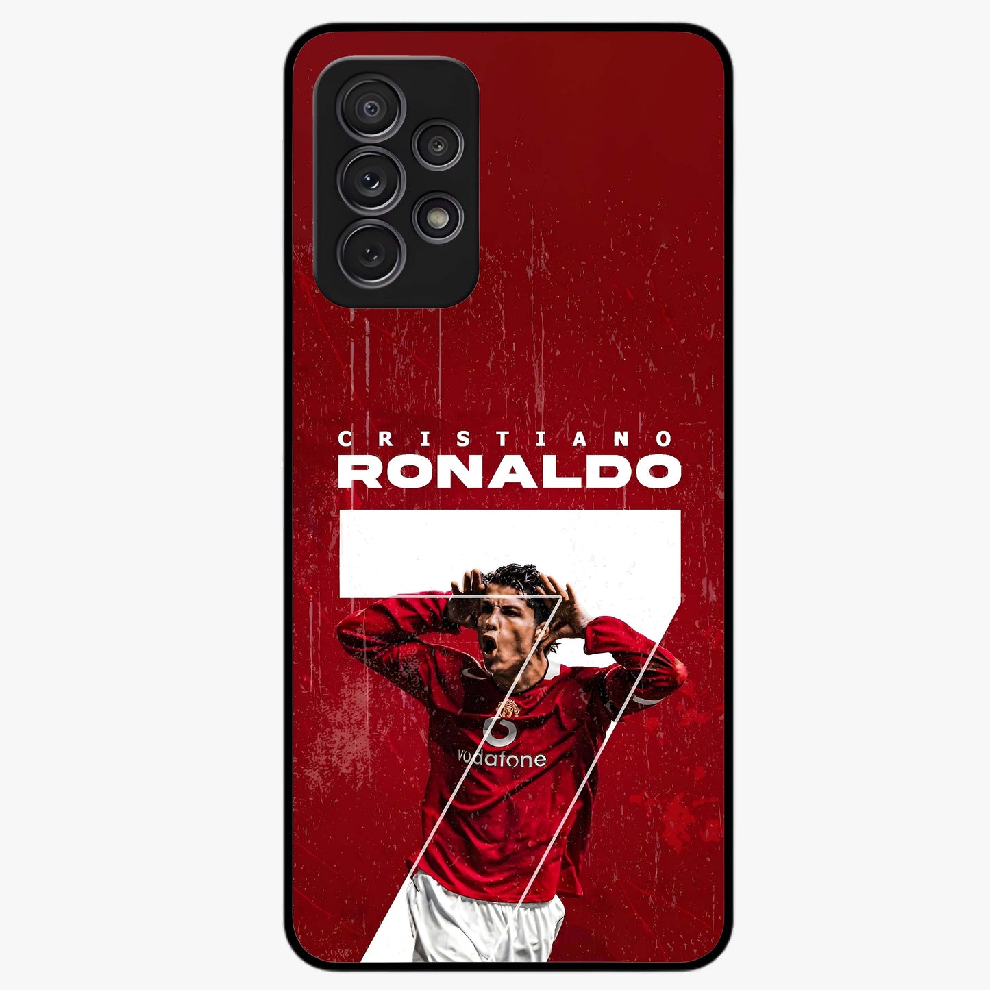 Goal Celebration Legacy Glass Case showing flat back view with football celebration inspired artwork and glossy glass finish.
