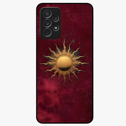 Gold Sun Blush Glass Case showing flat back view with golden sun inspired artwork and glossy glass finish.