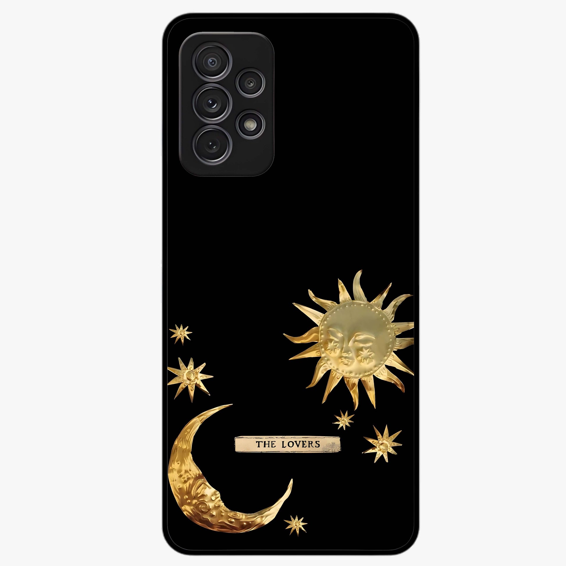 Golden Celestial Charm Glass Case showing flat back view with golden celestial charm artwork and glossy glass finish.