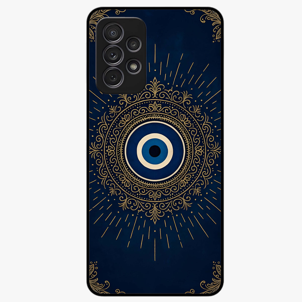 Golden Evil Eye Mandala Glass Case showing flat back view with intricate evil eye mandala artwork and glossy glass finish.