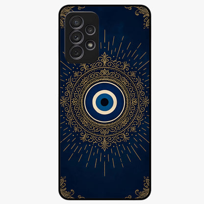 Golden Evil Eye Mandala Glass Case showing flat back view with intricate evil eye mandala artwork and glossy glass finish.
