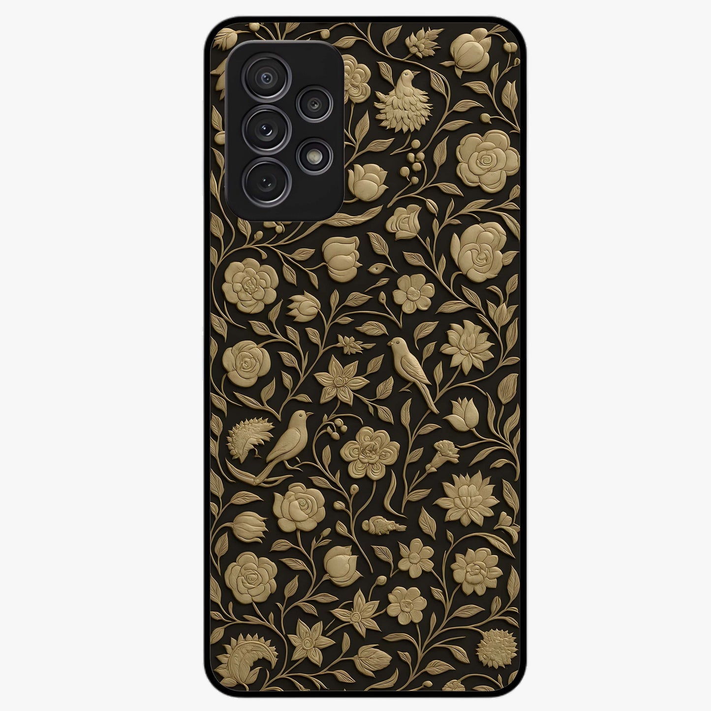 Golden Floral Majesty Glass Case showing flat back view with luxurious golden floral artwork and glossy glass finish.
