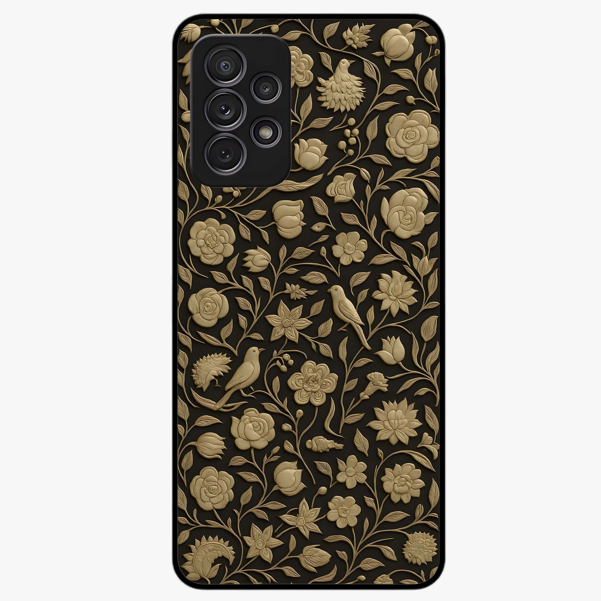 Golden Floral Majesty Glass Case showing flat back view with luxurious golden floral artwork and glossy glass finish.