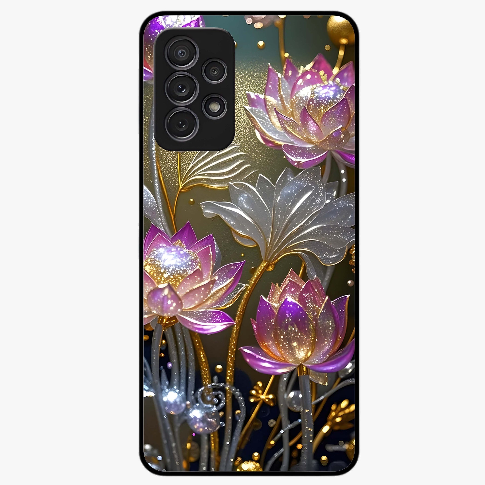 Golden Lotus Glow Glass Case showing flat back view with glowing lotus flower artwork and glossy glass finish.