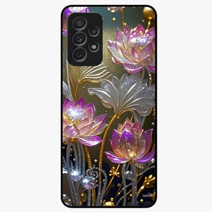Golden Lotus Glow Glass Case showing flat back view with glowing lotus flower artwork and glossy glass finish.