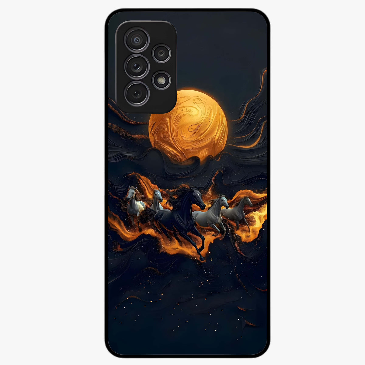 Golden Stallion Moonride Glass Case showing flat back view with majestic horse under moonlight artwork and glossy glass finish.