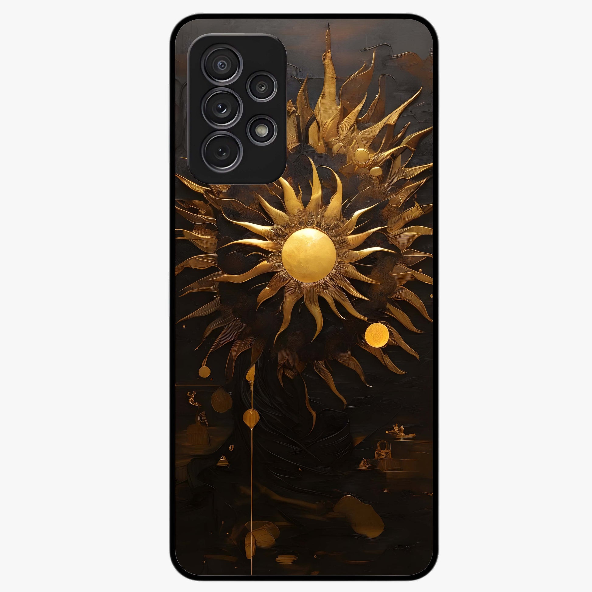 Golden Sun Majesty Glass Case showing flat back view with radiant golden sun artwork and glossy glass finish.