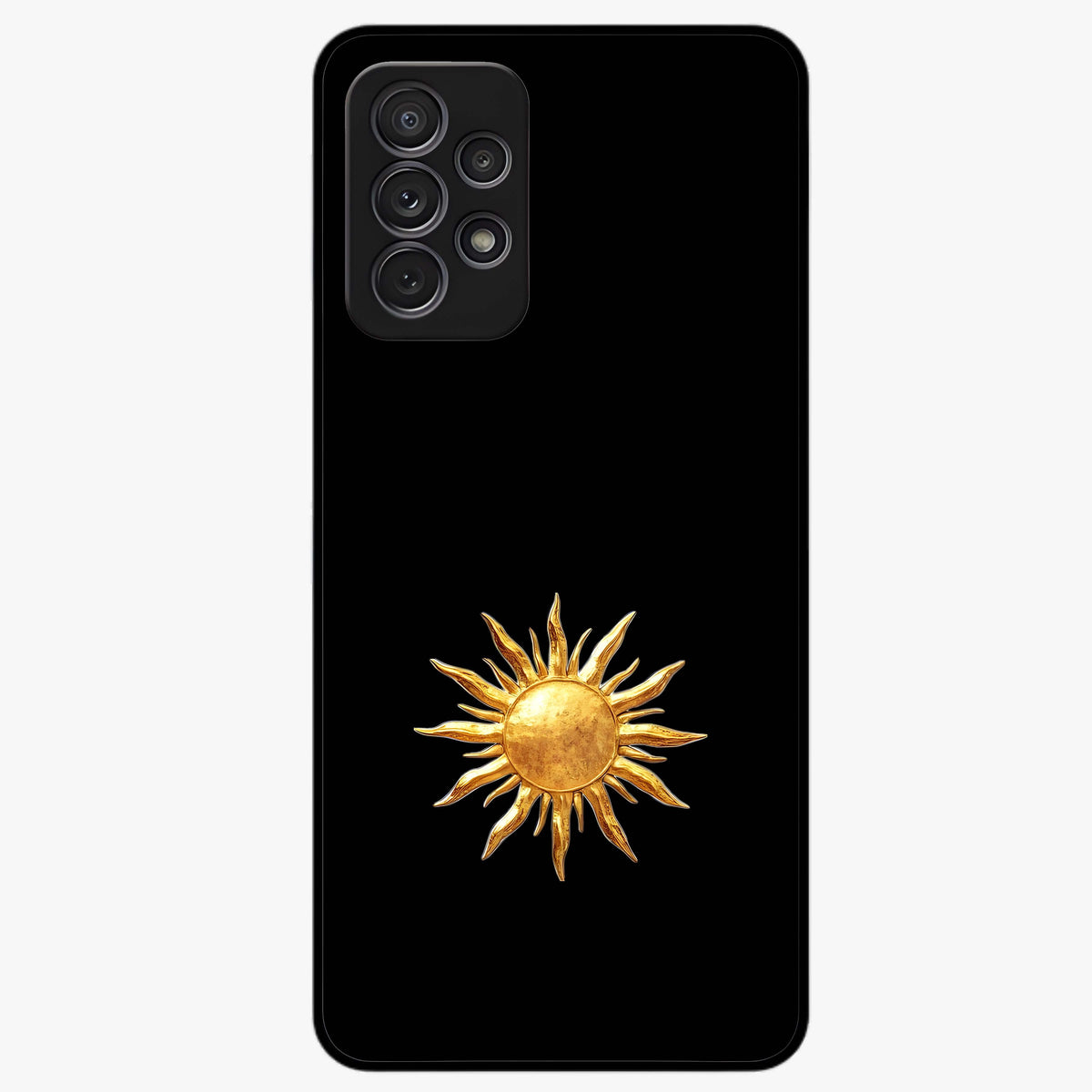 Golden Sun Minimalism Glass Case showing flat back view with minimal golden sun artwork and glossy glass finish.