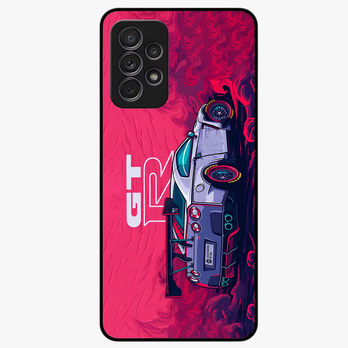GT-R Car Pattern Glass Case showing flat back view with sporty car inspired pattern artwork and glossy glass finish.