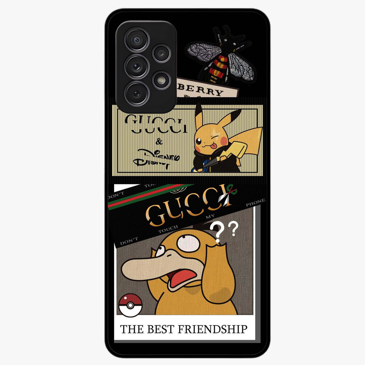 Gucci Play Mashup Glass Case showing flat back view with luxury inspired graphic artwork and glossy glass finish.