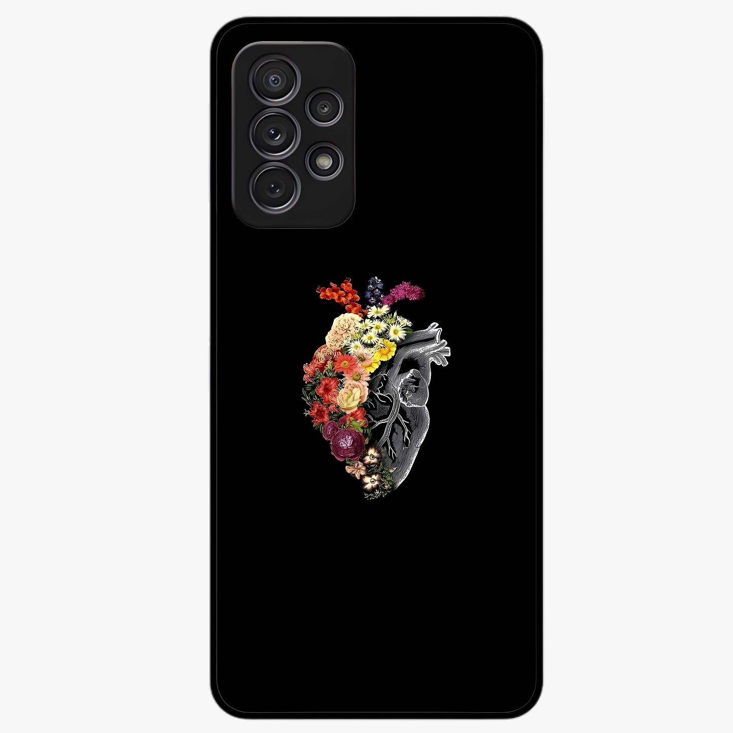 Heart With Flowers Glass Case showing flat back view with heart shaped floral artwork and glossy glass finish.