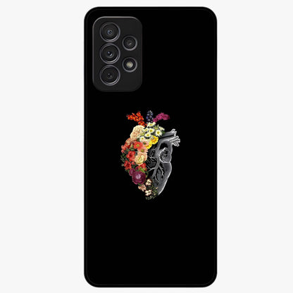 Heart With Flowers Glass Case showing flat back view with heart shaped floral artwork and glossy glass finish.