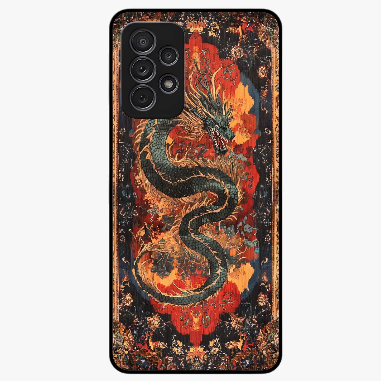 Inferno Dragon Soul Glass Case showing flat back view with fiery dragon artwork and glossy glass finish.