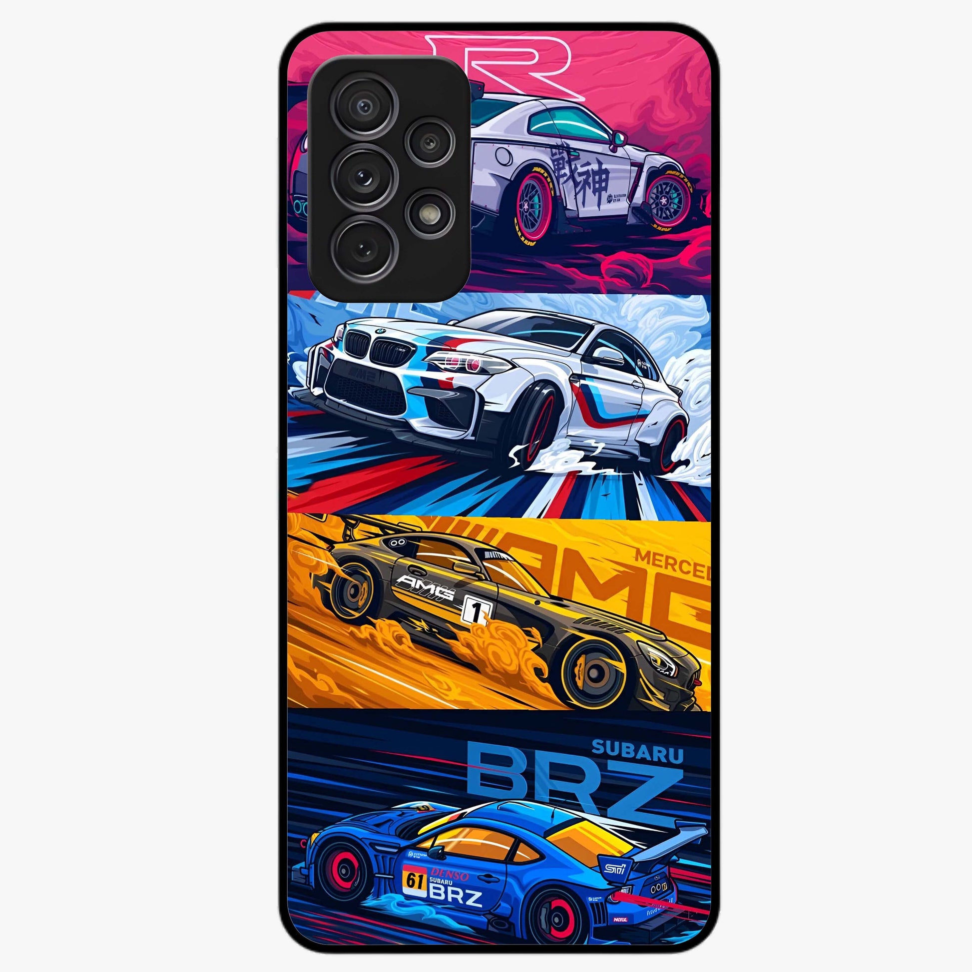 JDM Sports Car Glass Case showing flat back view with high performance sports car artwork and glossy glass finish.