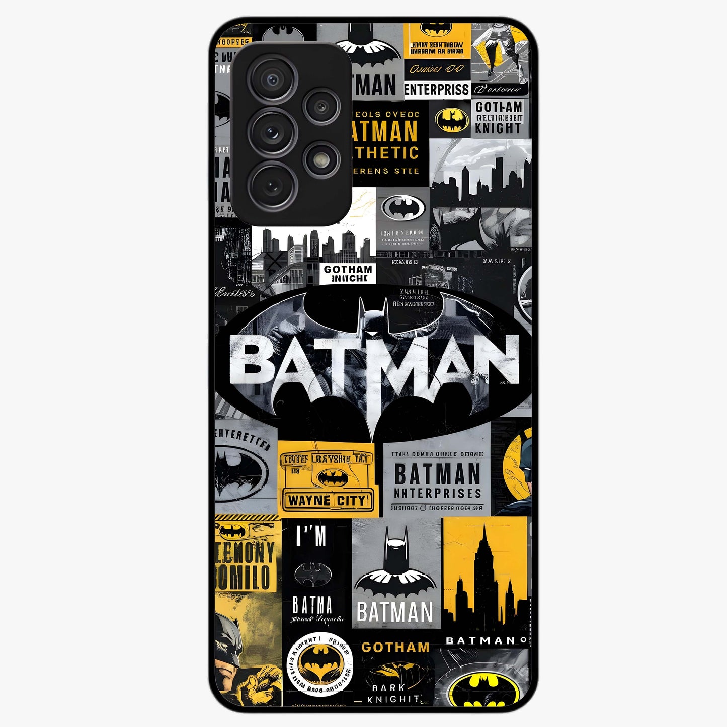 Knight Gotham Rise Glass Case showing flat back view with dark hero inspired artwork and glossy glass finish.