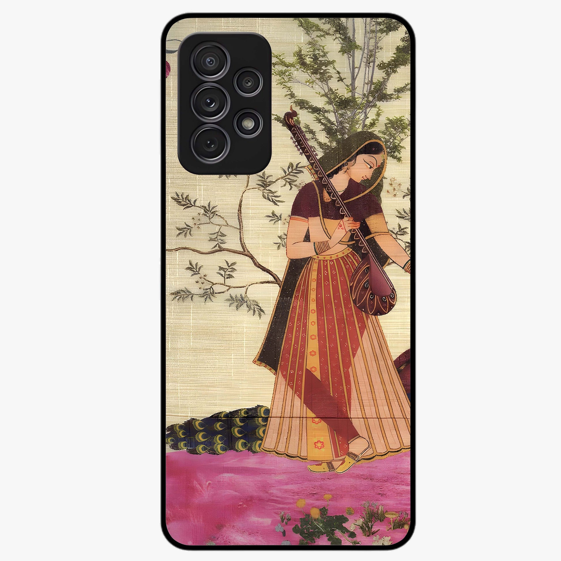 Lady With Veena Art Glass Case showing flat back view with elegant woman playing veena artwork and glossy glass finish.