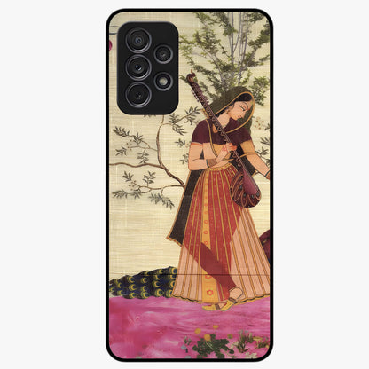 Lady With Veena Art Glass Case showing flat back view with elegant woman playing veena artwork and glossy glass finish.