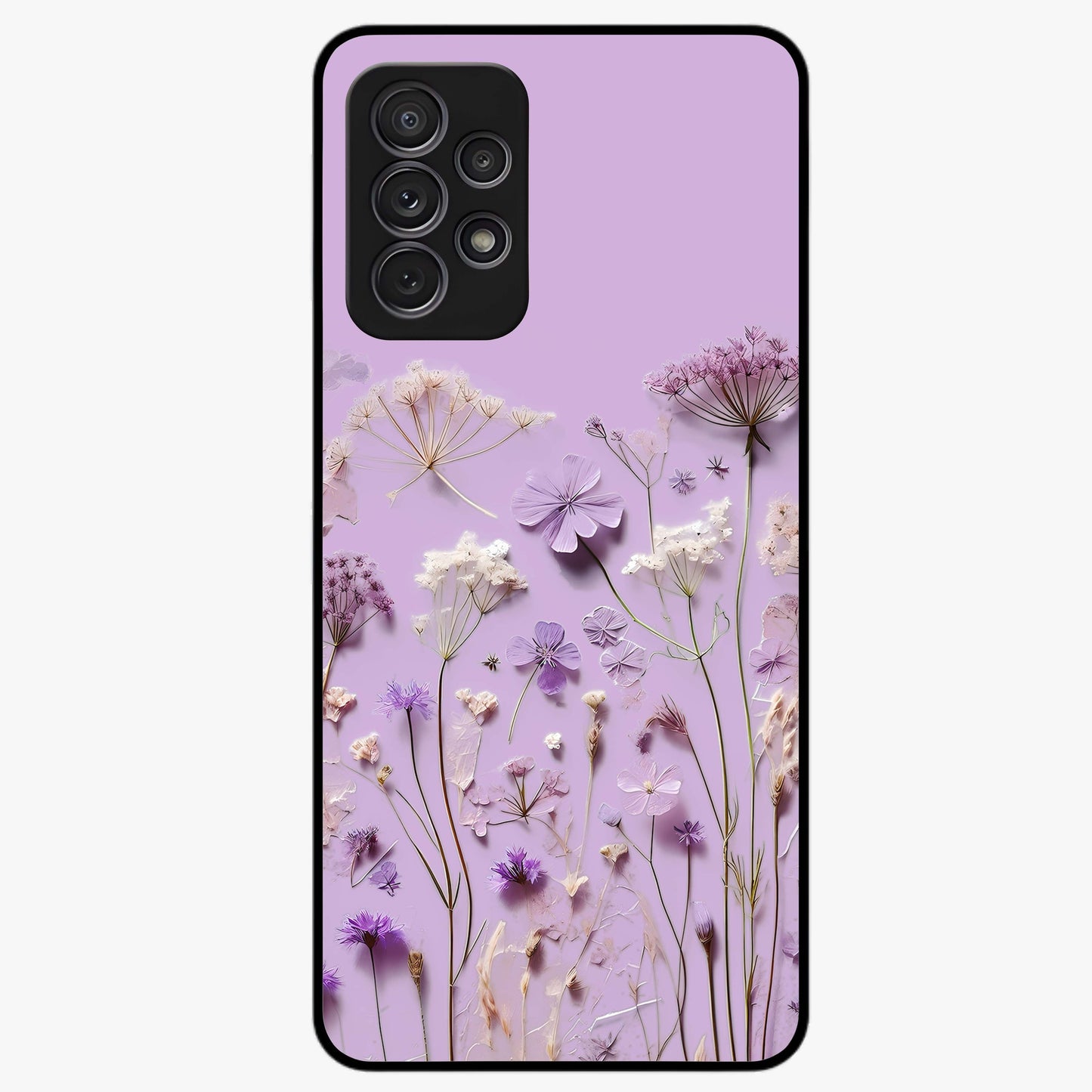 Lavender Blossom Dream Glass Case showing flat back view with soft lavender floral artwork and glossy glass finish.