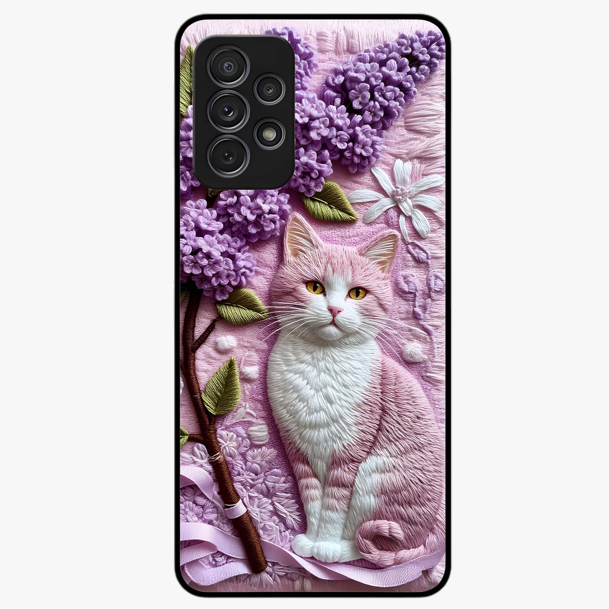 Lavender Cat Whimsy Glass Case showing flat back view with cute lavender cat artwork and glossy glass finish.