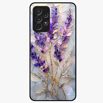 Lavender Dream Glow Glass Case showing flat back view with glowing lavender aesthetic artwork and glossy glass finish.