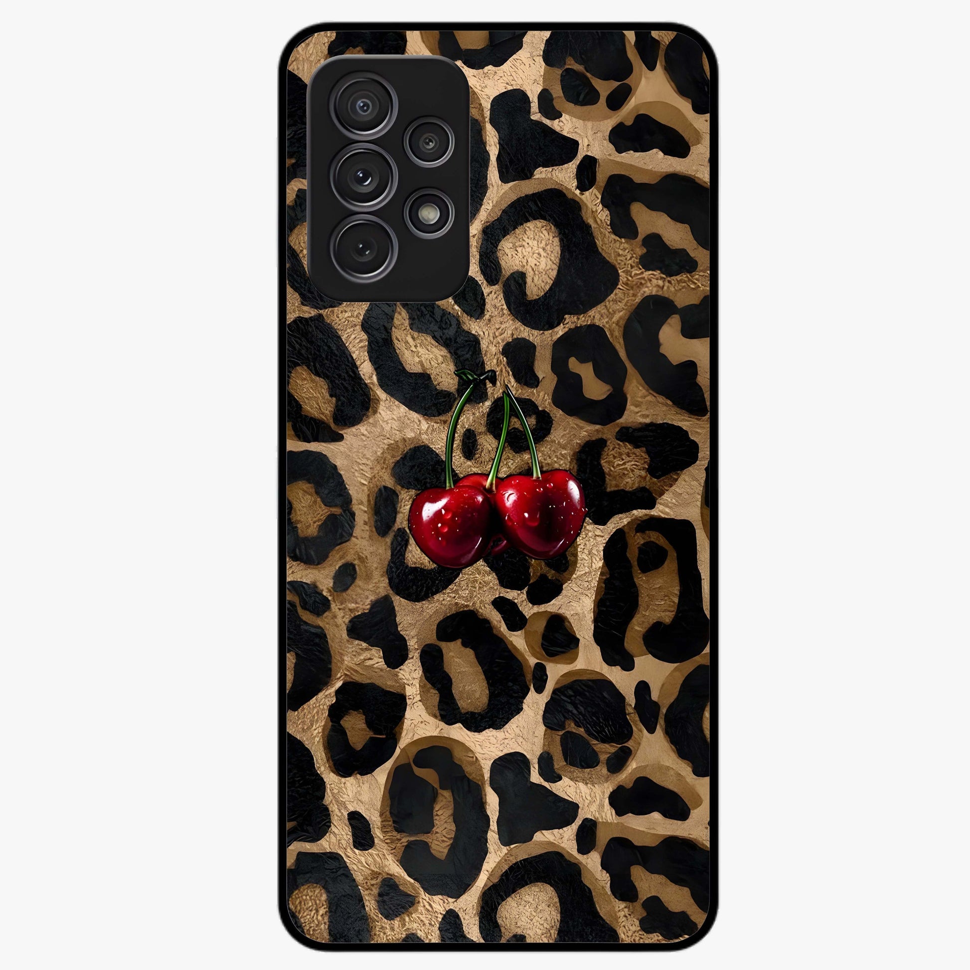 Leopard Wild Cherry Glass Case showing flat back view with leopard pattern and cherry artwork and glossy glass finish.