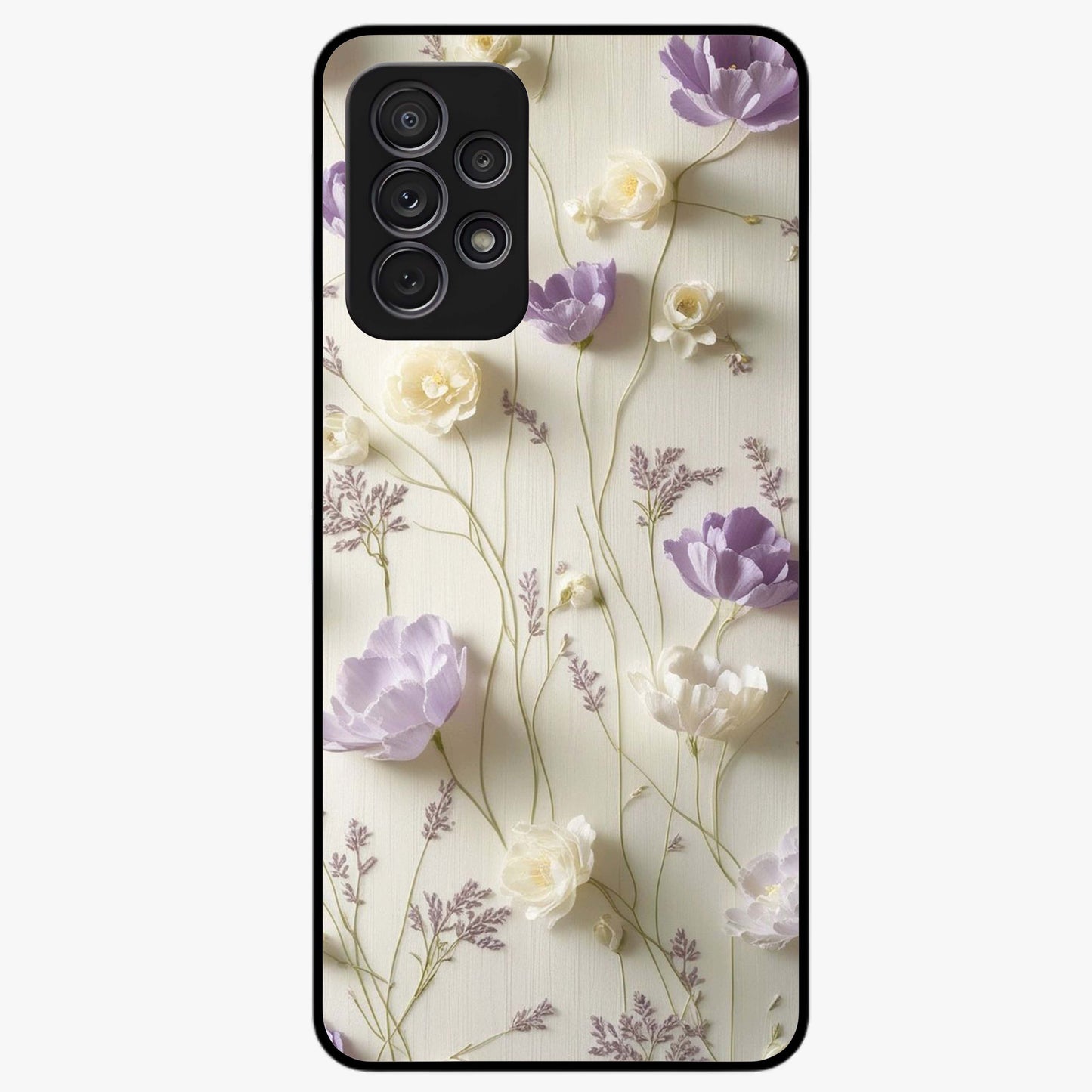 Lilac Breeze Harmony Glass Case showing flat back view with soft lilac themed artwork and glossy glass finish.