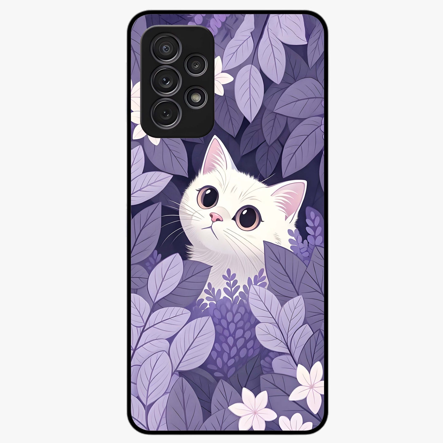 Lilac Hide Peek Cat Glass Case showing flat back view with cute peeking cat artwork and glossy glass finish.