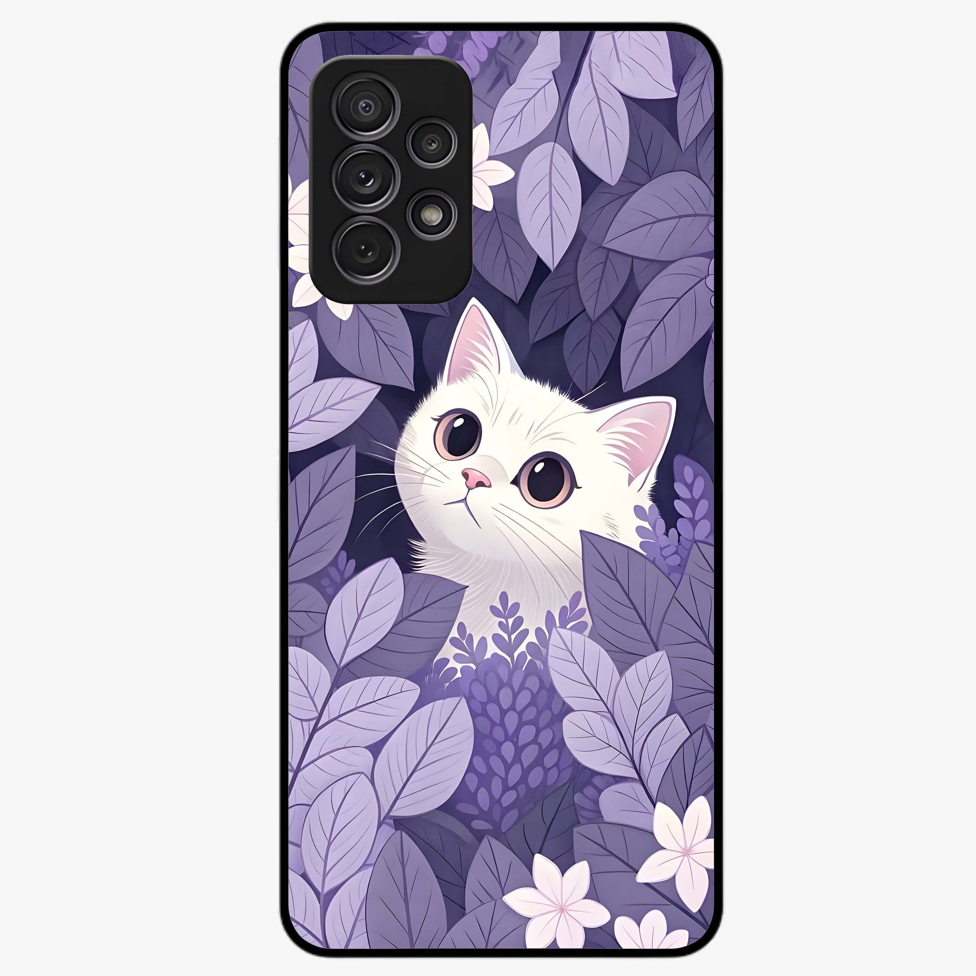 Lilac Hide Peek Cat Glass Case showing flat back view with cute peeking cat artwork and glossy glass finish.