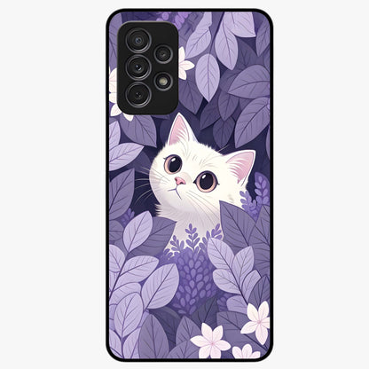 Lilac Hide Peek Cat Glass Case showing flat back view with cute peeking cat artwork and glossy glass finish.