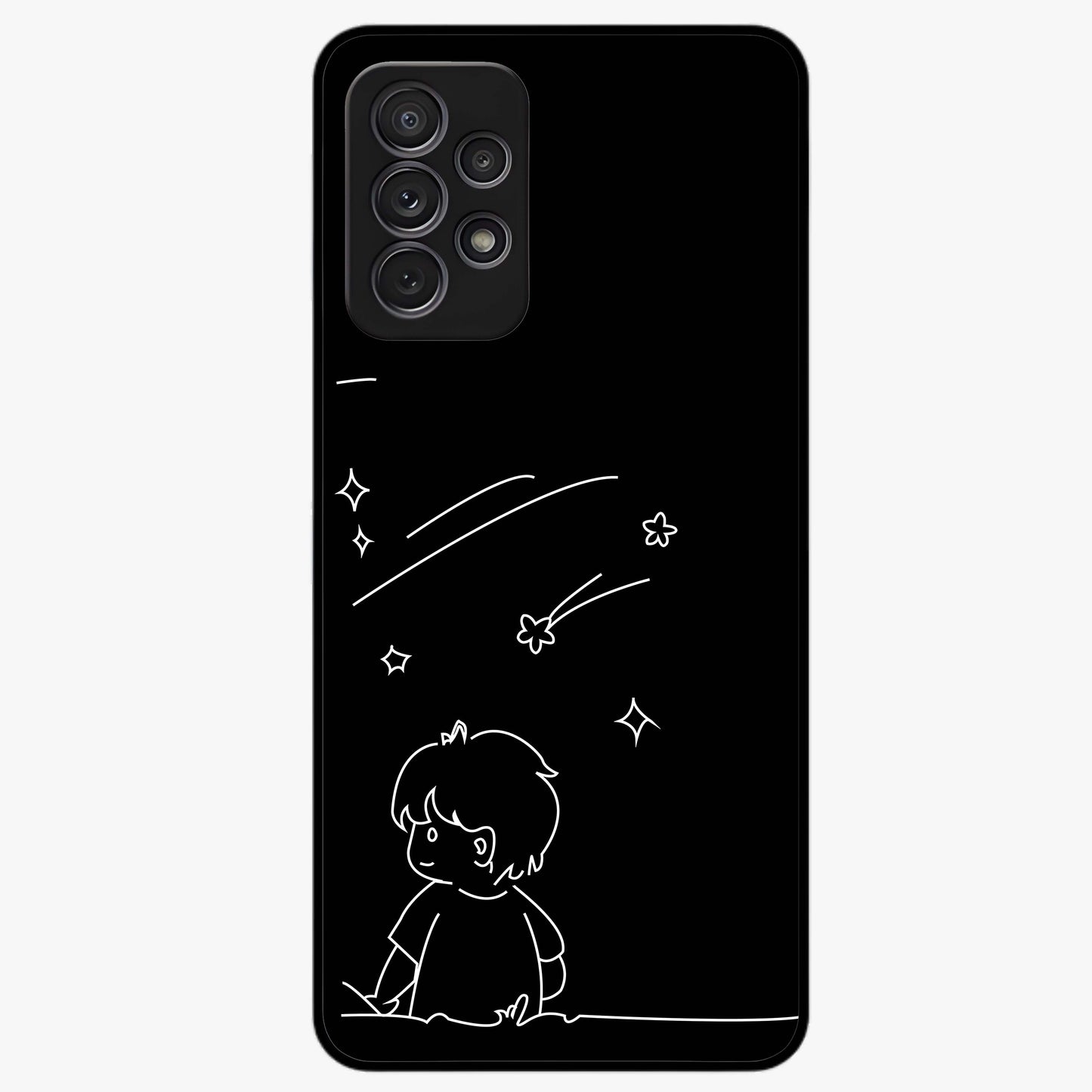 Line Art Boy With Shooting Stars Glass Case showing flat back view with minimal line art boy and shooting stars illustration and glossy glass finish.