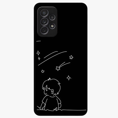 Line Art Boy With Shooting Stars Glass Case showing flat back view with minimal line art boy and shooting stars illustration and glossy glass finish.