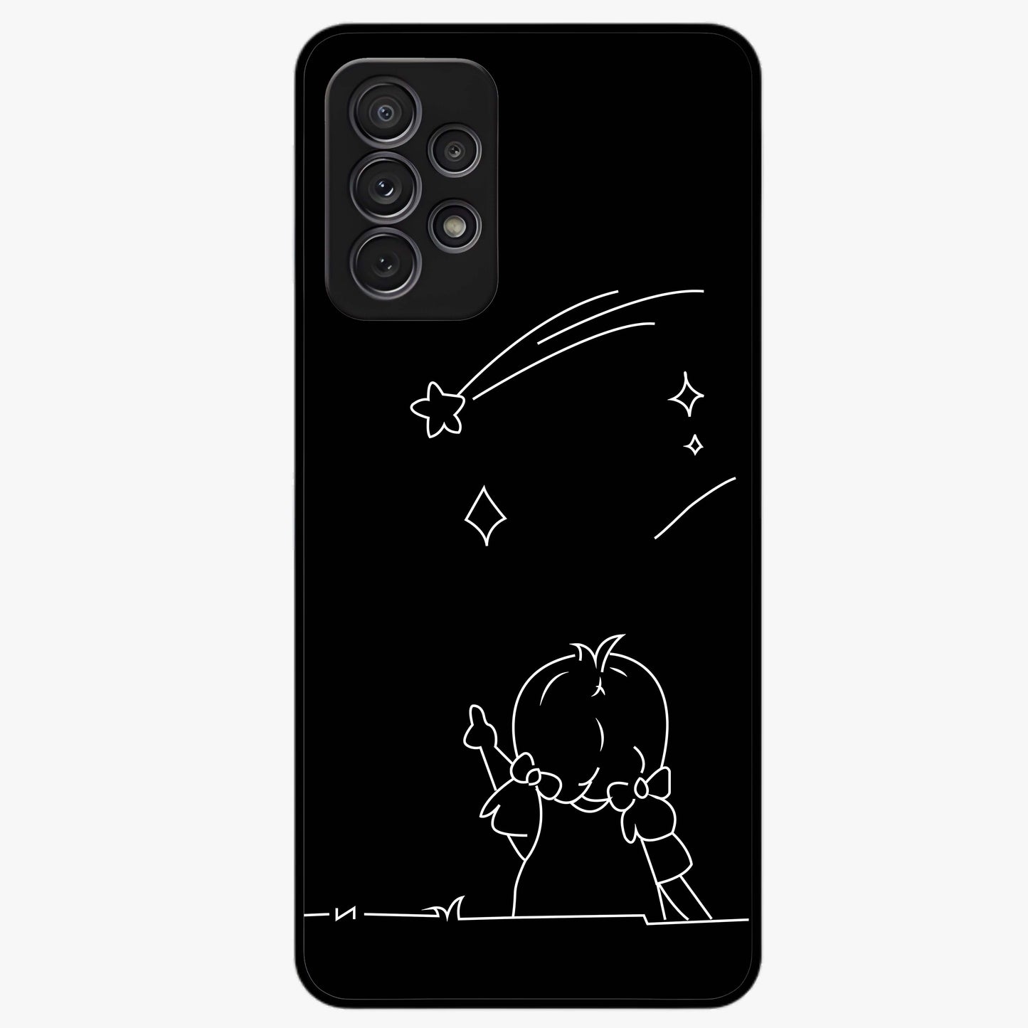 Line Art Girl With Shooting Stars Glass Case showing flat back view with minimal line art girl and shooting stars illustration and glossy glass finish.