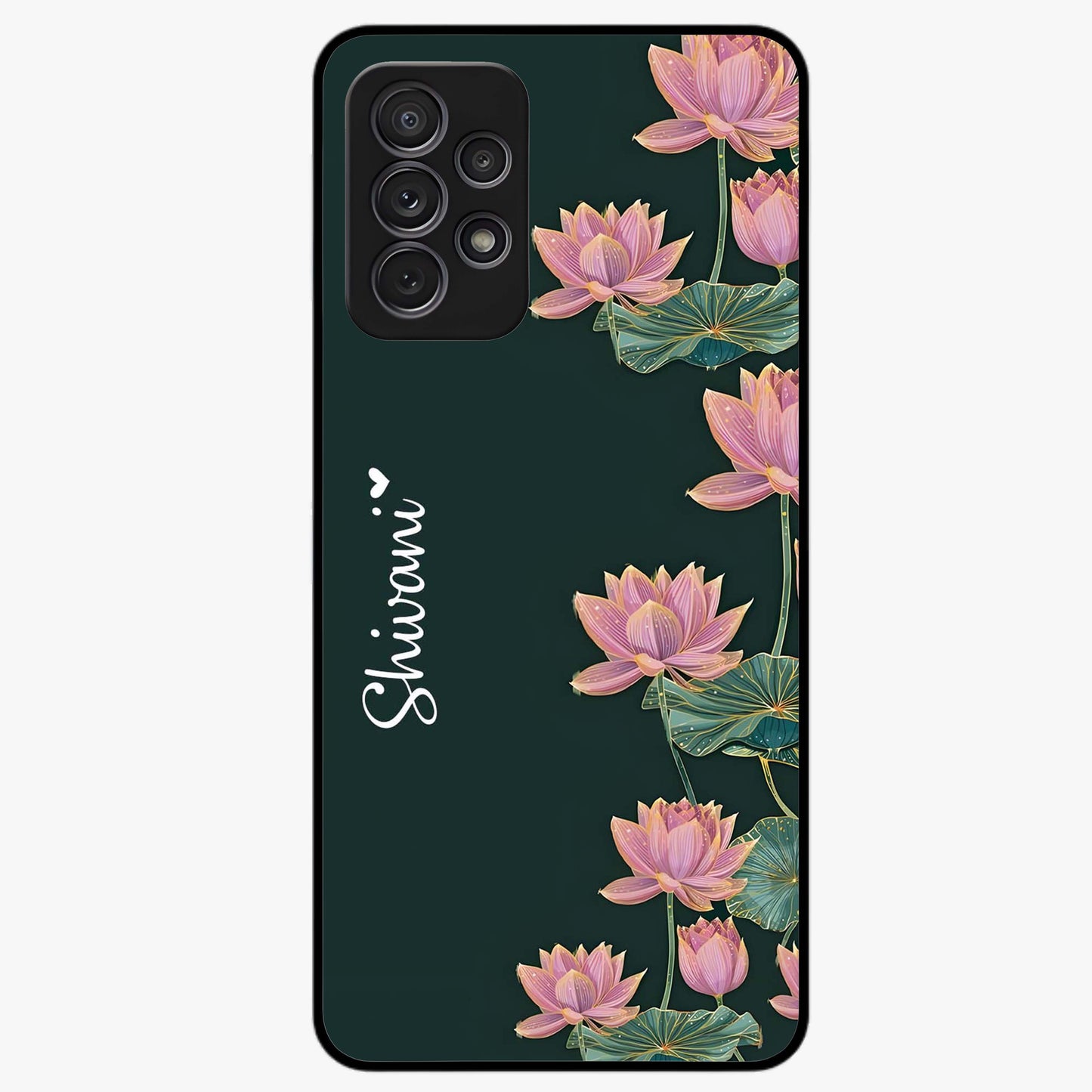 Lotus Bloom Serenity Custom Name Glass Case showing flat back view with elegant lotus flower artwork and personalized name design.