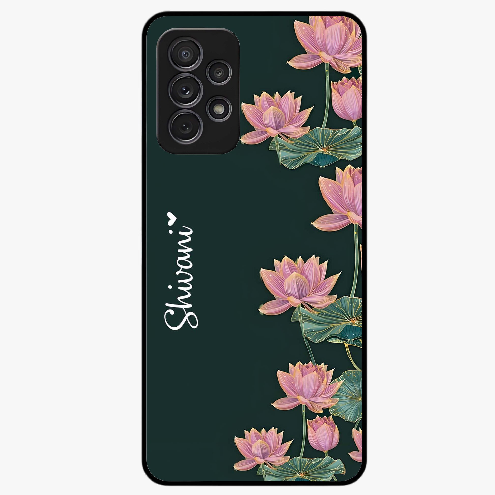 Lotus Bloom Serenity Custom Name Glass Case showing flat back view with elegant lotus flower artwork and personalized name design.