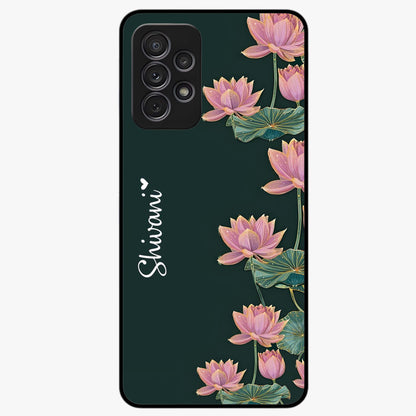 Lotus Bloom Serenity Custom Name Glass Case showing flat back view with elegant lotus flower artwork and personalized name design.