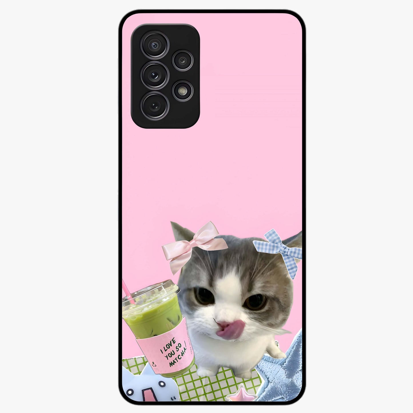 Love Matcha Cat Glass Case showing flat back view with cute cat and matcha themed artwork and glossy glass finish.
