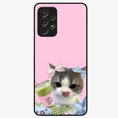 Love Matcha Cat Glass Case showing flat back view with cute cat and matcha themed artwork and glossy glass finish.