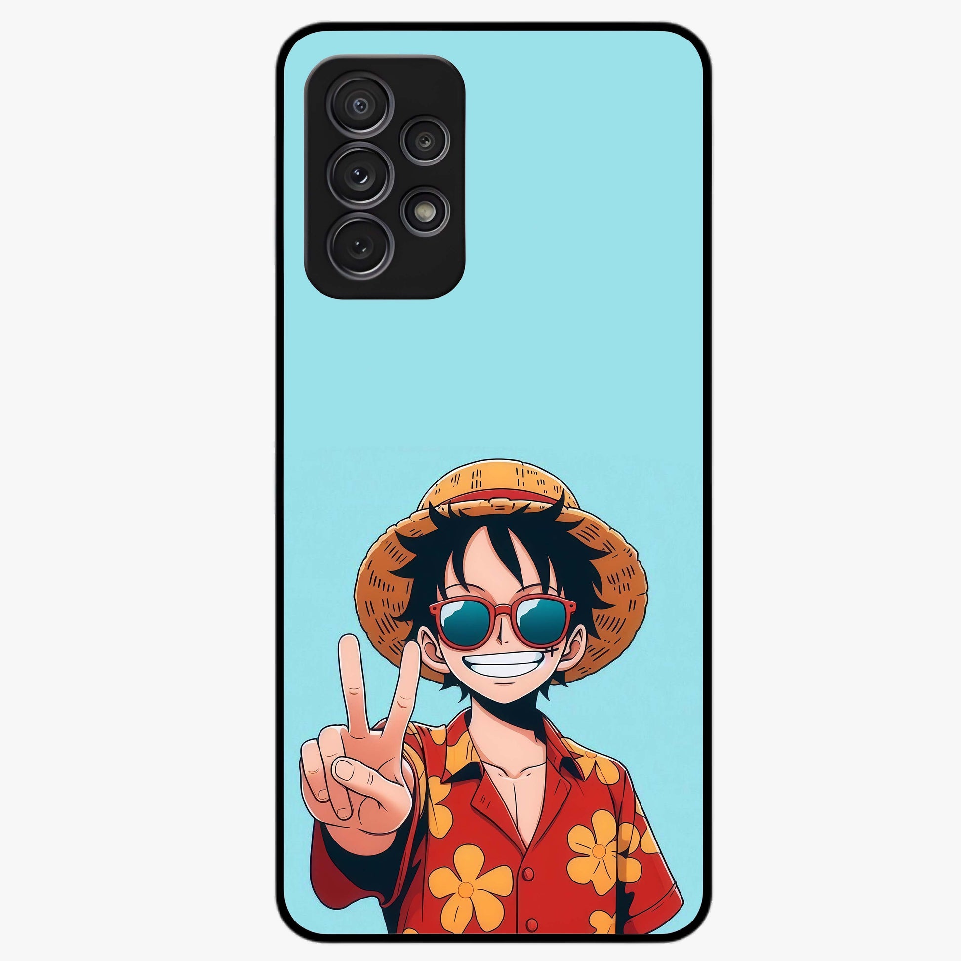Luffy Summer Anime Vibe Glass Case showing flat back view with vibrant anime character artwork and glossy glass finish.