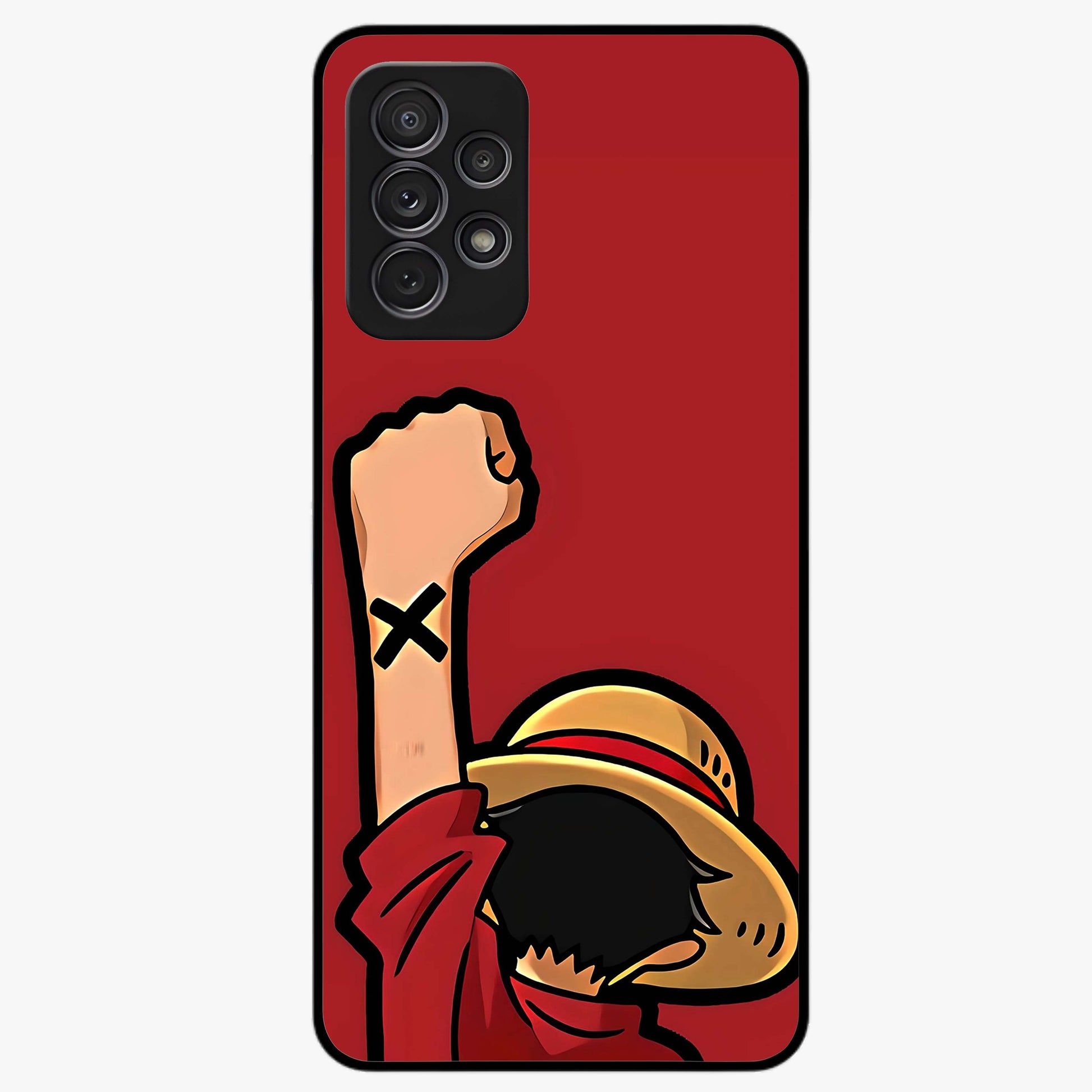 Luffy X Spirit Glass Case showing flat back view with bold anime character artwork and glossy glass finish.